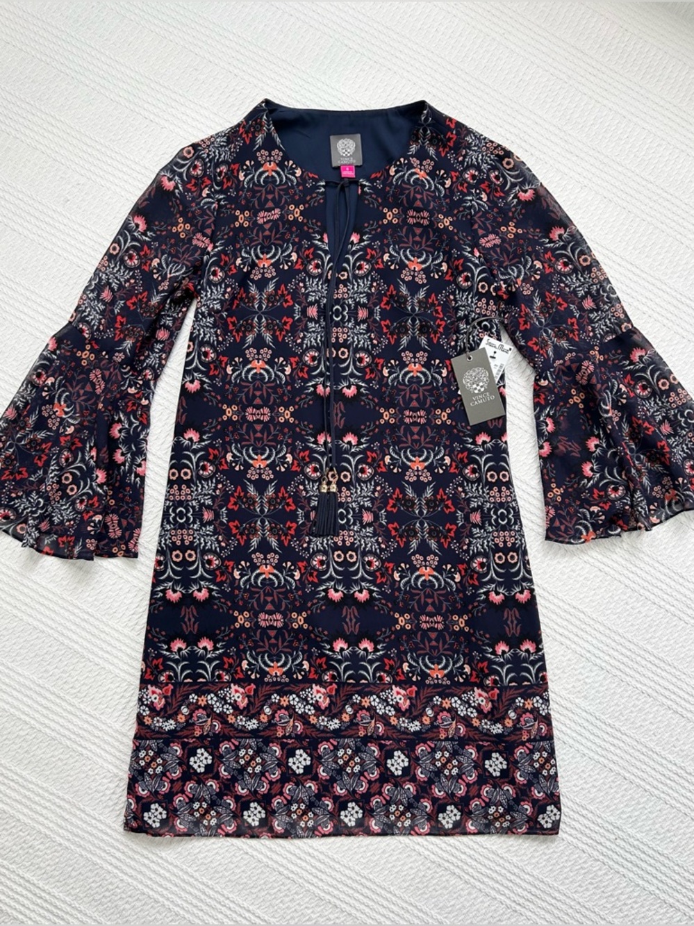 Vince Camuto Dress Chiffon Shift Paisley Floral Navy Size 6, NWT
